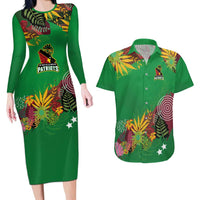 Custom St Kitts and Nevis Cricket Patriots Couples Matching Long Sleeve Bodycon Dress and Hawaiian Shirt Caribbean Tropical Plants Sporty Green - Wonder Print Shop
