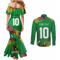 Custom St Kitts and Nevis Cricket Patriots Couples Matching Mermaid Dress and Long Sleeve Button Shirt Caribbean Tropical Plants Sporty Green - Wonder Print Shop