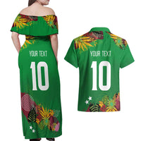 Custom St Kitts and Nevis Cricket Patriots Couples Matching Off Shoulder Maxi Dress and Hawaiian Shirt Caribbean Tropical Plants Sporty Green - Wonder Print Shop