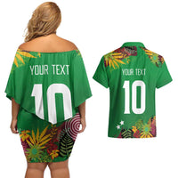 Custom St Kitts and Nevis Cricket Patriots Couples Matching Off Shoulder Short Dress and Hawaiian Shirt Caribbean Tropical Plants Sporty Green - Wonder Print Shop