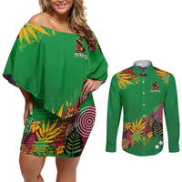 Custom St Kitts and Nevis Cricket Patriots Couples Matching Off Shoulder Short Dress and Long Sleeve Button Shirt Caribbean Tropical Plants Sporty Green - Wonder Print Shop