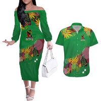 Custom St Kitts and Nevis Cricket Patriots Couples Matching Off The Shoulder Long Sleeve Dress and Hawaiian Shirt Caribbean Tropical Plants Sporty Green - Wonder Print Shop