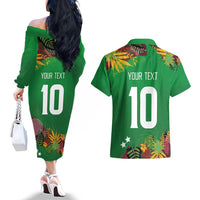 Custom St Kitts and Nevis Cricket Patriots Couples Matching Off The Shoulder Long Sleeve Dress and Hawaiian Shirt Caribbean Tropical Plants Sporty Green - Wonder Print Shop