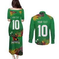 Custom St Kitts and Nevis Cricket Patriots Couples Matching Puletasi and Long Sleeve Button Shirt Caribbean Tropical Plants Sporty Green - Wonder Print Shop