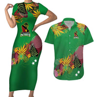 Custom St Kitts and Nevis Cricket Patriots Couples Matching Short Sleeve Bodycon Dress and Hawaiian Shirt Caribbean Tropical Plants Sporty Green - Wonder Print Shop