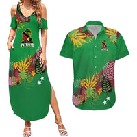 Custom St Kitts and Nevis Cricket Patriots Couples Matching Summer Maxi Dress and Hawaiian Shirt Caribbean Tropical Plants Sporty Green - Wonder Print Shop