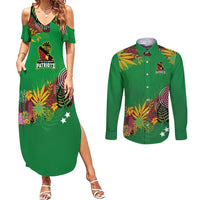 Custom St Kitts and Nevis Cricket Patriots Couples Matching Summer Maxi Dress and Long Sleeve Button Shirt Caribbean Tropical Plants Sporty Green - Wonder Print Shop