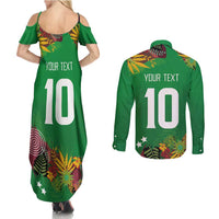 Custom St Kitts and Nevis Cricket Patriots Couples Matching Summer Maxi Dress and Long Sleeve Button Shirt Caribbean Tropical Plants Sporty Green - Wonder Print Shop
