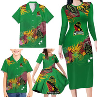 Custom St Kitts and Nevis Cricket Patriots Family Matching Long Sleeve Bodycon Dress and Hawaiian Shirt Caribbean Tropical Plants Sporty Green - Wonder Print Shop