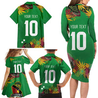 Custom St Kitts and Nevis Cricket Patriots Family Matching Long Sleeve Bodycon Dress and Hawaiian Shirt Caribbean Tropical Plants Sporty Green - Wonder Print Shop
