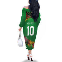 Custom St Kitts and Nevis Cricket Patriots Family Matching Off The Shoulder Long Sleeve Dress and Hawaiian Shirt Caribbean Tropical Plants Sporty Green - Wonder Print Shop