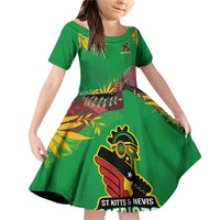 Custom St Kitts and Nevis Cricket Patriots Family Matching Off Shoulder Short Dress and Hawaiian Shirt Caribbean Tropical Plants Sporty Green - Wonder Print Shop