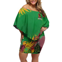 Custom St Kitts and Nevis Cricket Patriots Family Matching Off Shoulder Short Dress and Hawaiian Shirt Caribbean Tropical Plants Sporty Green - Wonder Print Shop