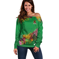 Custom St Kitts and Nevis Cricket Patriots Off Shoulder Sweater Caribbean Tropical Plants Sporty Green - Wonder Print Shop