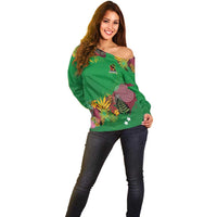 Custom St Kitts and Nevis Cricket Patriots Off Shoulder Sweater Caribbean Tropical Plants Sporty Green - Wonder Print Shop