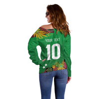 Custom St Kitts and Nevis Cricket Patriots Off Shoulder Sweater Caribbean Tropical Plants Sporty Green - Wonder Print Shop