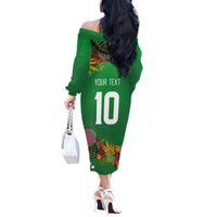 Custom St Kitts and Nevis Cricket Patriots Off The Shoulder Long Sleeve Dress Caribbean Tropical Plants Sporty Green - Wonder Print Shop