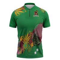 Custom St Kitts and Nevis Cricket Patriots Zipper Polo Shirt Caribbean Tropical Plants Sporty Green - Wonder Print Shop