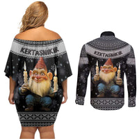 Iceland Kertasnikir Christmas Couples Matching Off Shoulder Short Dress and Long Sleeve Button Shirt Candle Beggar and Nordic Traditional Pattern - Wonder Print Shop