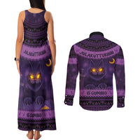 Iceland Jolakotturinn Christmas Couples Matching Tank Maxi Dress and Long Sleeve Button Shirt Yule Cat and Nordic Traditional Pattern - Wonder Print Shop