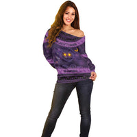 Iceland Jolakotturinn Christmas Off Shoulder Sweater Yule Cat and Nordic Traditional Pattern - Wonder Print Shop