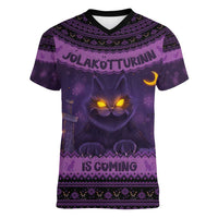 Iceland Jolakotturinn Christmas Women V-Neck T-Shirt Yule Cat and Nordic Traditional Pattern - Wonder Print Shop