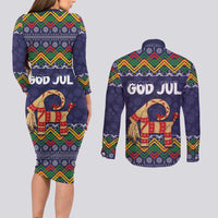 Scandinavian Yule Goat Christmas Couples Matching Long Sleeve Bodycon Dress and Long Sleeve Button Shirt with Scandinavian Folk Pattern Style - Wonder Print Shop