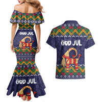 Scandinavian Yule Goat Christmas Couples Matching Mermaid Dress and Hawaiian Shirt with Scandinavian Folk Pattern Style - Wonder Print Shop