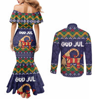 Scandinavian Yule Goat Christmas Couples Matching Mermaid Dress and Long Sleeve Button Shirt with Scandinavian Folk Pattern Style