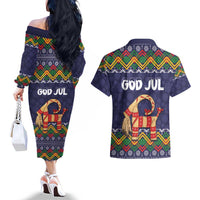 Scandinavian Yule Goat Christmas Couples Matching Off The Shoulder Long Sleeve Dress and Hawaiian Shirt with Scandinavian Folk Pattern Style - Wonder Print Shop