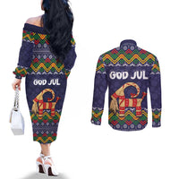 Scandinavian Yule Goat Christmas Couples Matching Off The Shoulder Long Sleeve Dress and Long Sleeve Button Shirt with Scandinavian Folk Pattern Style