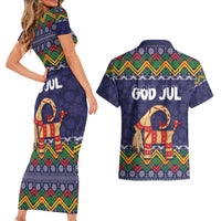 Scandinavian Yule Goat Christmas Couples Matching Short Sleeve Bodycon Dress and Hawaiian Shirt with Scandinavian Folk Pattern Style - Wonder Print Shop