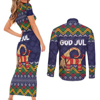 Scandinavian Yule Goat Christmas Couples Matching Short Sleeve Bodycon Dress and Long Sleeve Button Shirt with Scandinavian Folk Pattern Style - Wonder Print Shop