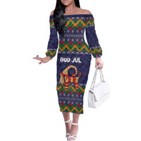 Scandinavian Yule Goat Christmas Family Matching Off The Shoulder Long Sleeve Dress and Hawaiian Shirt with Scandinavian Folk Pattern Style - Wonder Print Shop