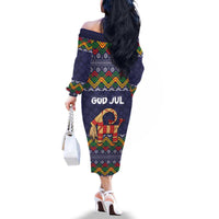 Scandinavian Yule Goat Christmas Family Matching Off The Shoulder Long Sleeve Dress and Hawaiian Shirt with Scandinavian Folk Pattern Style - Wonder Print Shop