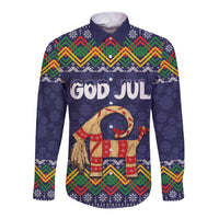 Scandinavian Yule Goat Christmas Long Sleeve Button Shirt with Scandinavian Folk Pattern Style - Wonder Print Shop