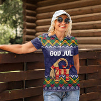 Scandinavian Yule Goat Christmas Women Polo Shirt with Scandinavian Folk Pattern Style - Wonder Print Shop