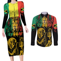 International Reggae Day Couples Matching Long Sleeve Bodycon Dress and Long Sleeve Button Shirt Rastafarian Lion and B-Marley Passion - Wonder Print Shop