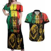 International Reggae Day Couples Matching Off Shoulder Maxi Dress and Hawaiian Shirt Rastafarian Lion and B-Marley Passion - Wonder Print Shop