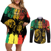 International Reggae Day Couples Matching Off Shoulder Short Dress and Long Sleeve Button Shirt Rastafarian Lion and B-Marley Passion - Wonder Print Shop
