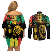 International Reggae Day Couples Matching Off Shoulder Short Dress and Long Sleeve Button Shirt Rastafarian Lion and B-Marley Passion - Wonder Print Shop