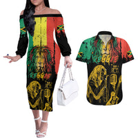 International Reggae Day Couples Matching Off The Shoulder Long Sleeve Dress and Hawaiian Shirt Rastafarian Lion and B-Marley Passion - Wonder Print Shop
