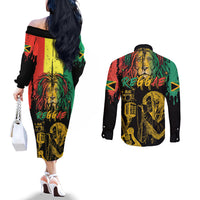 International Reggae Day Couples Matching Off The Shoulder Long Sleeve Dress and Long Sleeve Button Shirt Rastafarian Lion and B-Marley Passion
