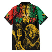 Black short-sleeve button-up shirt, back print with reggae text, lion head and microphone.