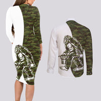 Funny Bigfoot Green Military Texture Fish Couples Matching Long Sleeve Bodycon Dress and Long Sleeve Button Shirt - Wonder Print Shop