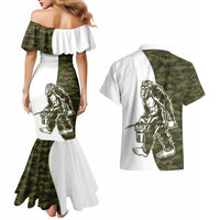 Funny Bigfoot Green Military Texture Fish Couples Matching Mermaid Dress and Hawaiian Shirt - Wonder Print Shop