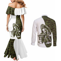 Funny Bigfoot Green Military Texture Fish Couples Matching Mermaid Dress and Long Sleeve Button Shirt