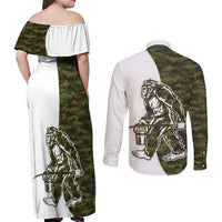 Funny Bigfoot Green Military Texture Fish Couples Matching Off Shoulder Maxi Dress and Long Sleeve Button Shirt - Wonder Print Shop