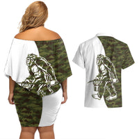 Funny Bigfoot Green Military Texture Fish Couples Matching Off Shoulder Short Dress and Hawaiian Shirt - Wonder Print Shop
