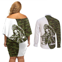 Funny Bigfoot Green Military Texture Fish Couples Matching Off Shoulder Short Dress and Long Sleeve Button Shirt - Wonder Print Shop